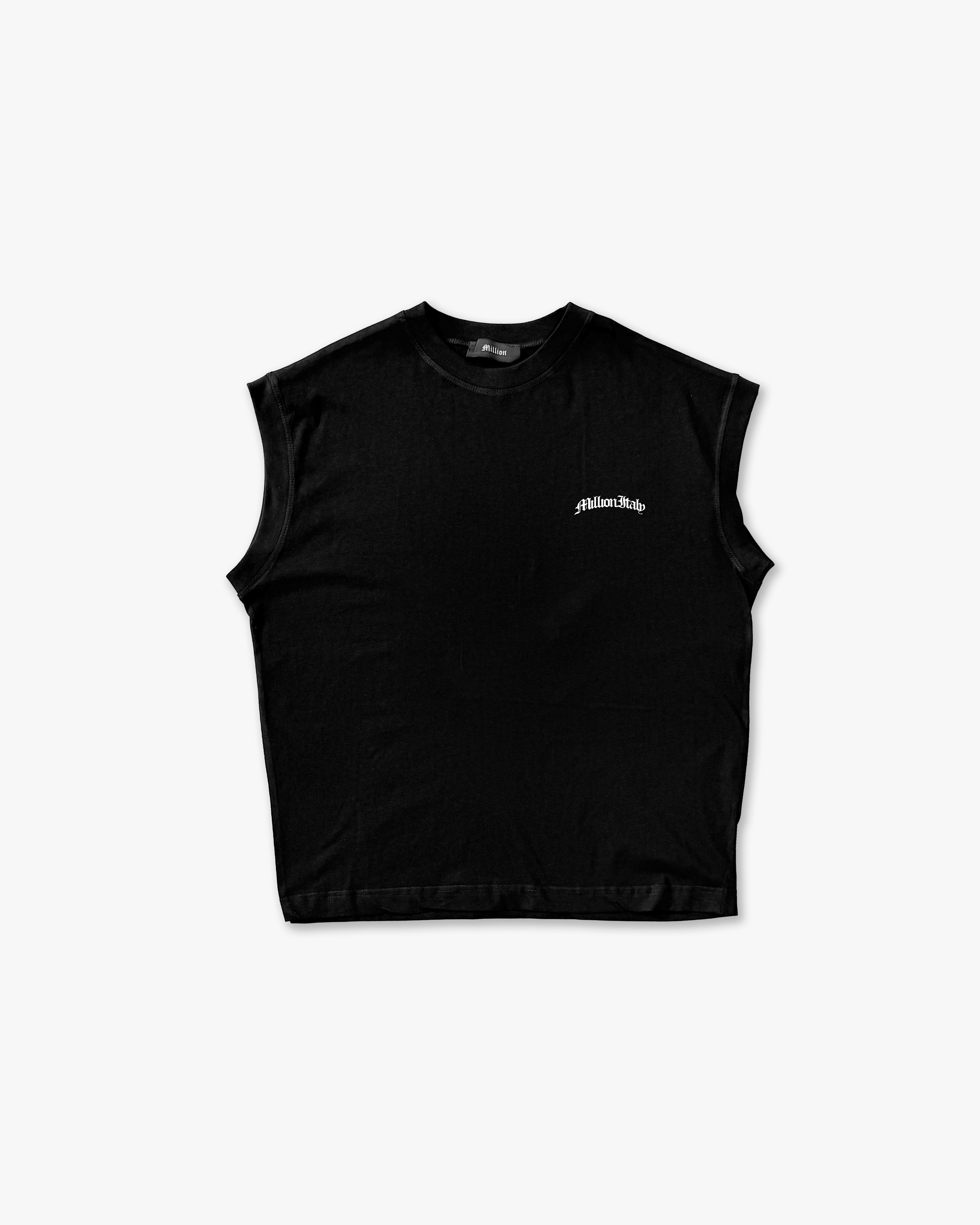 Schwarzes ärmelloses T-Shirt
