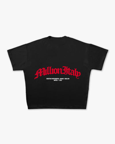 Schwarzes T-Shirt Rotes Arch-Logo